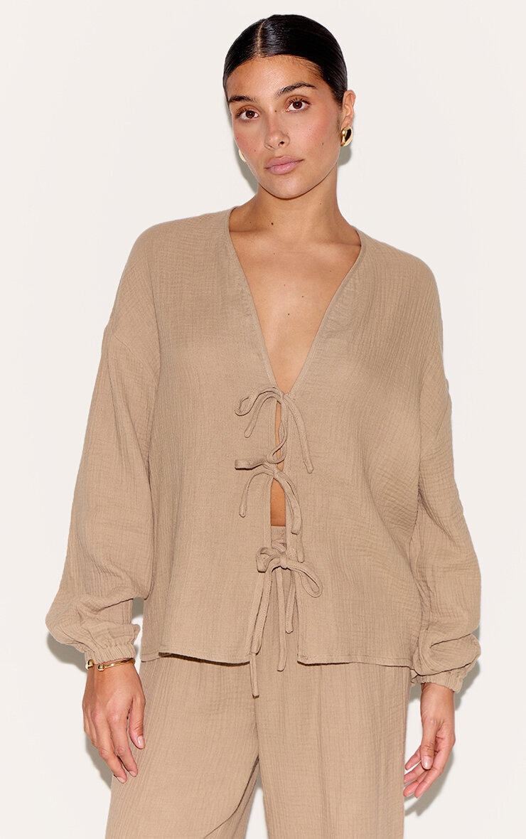 Petite Mushroom Cheesecloth Textured Tie Front Shirt image 1