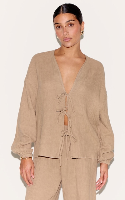 Petite Chemise en étamine texturée gris champignon nouée devant