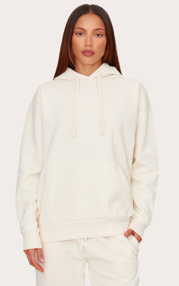 PRETTYLITTLETHING Cream Premium Embossed Oversized Hoodie image 1