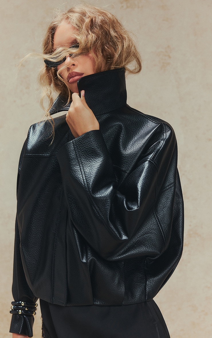 Black Faux Leather Covered Placket Bomber Jacket image 4