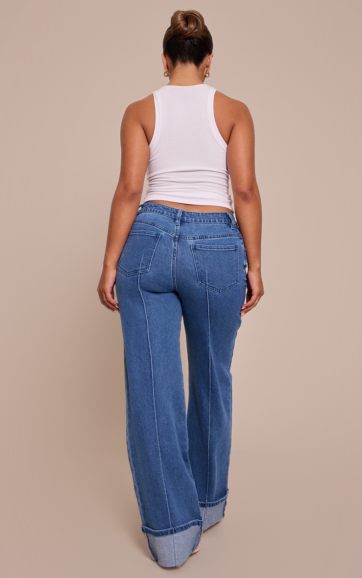 Shape Dark Blue Highwaisted Stretch Denim Pintuck Turn Up Hem Wide Leg Jeans image 3