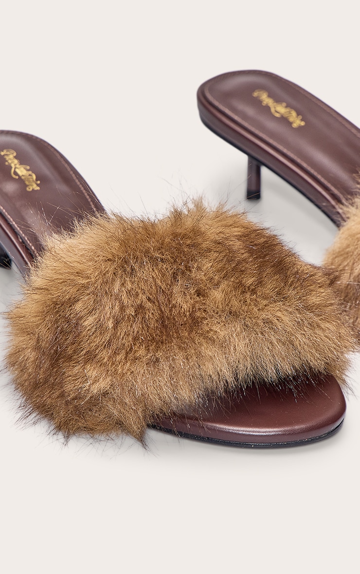 Chocolate Faux Fur Round Toe Kitten Mules image 5