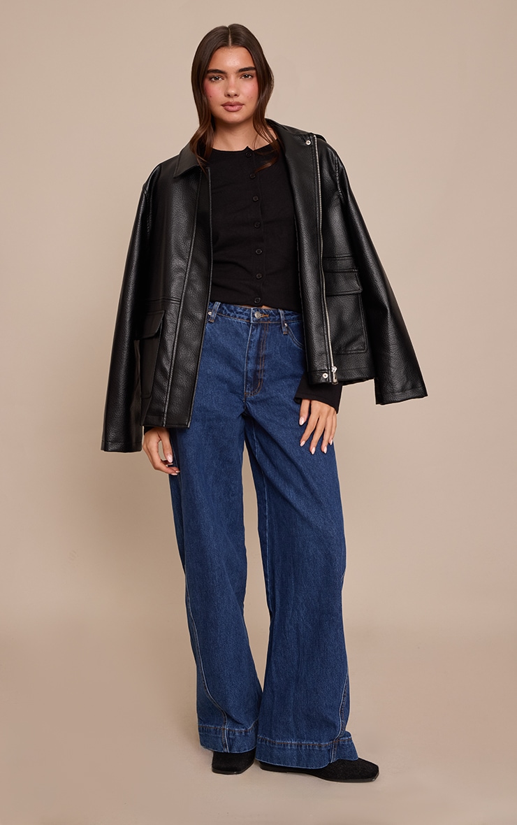 Indigo Relaxed Mid Rise Seam Detail Wide Leg Jeans