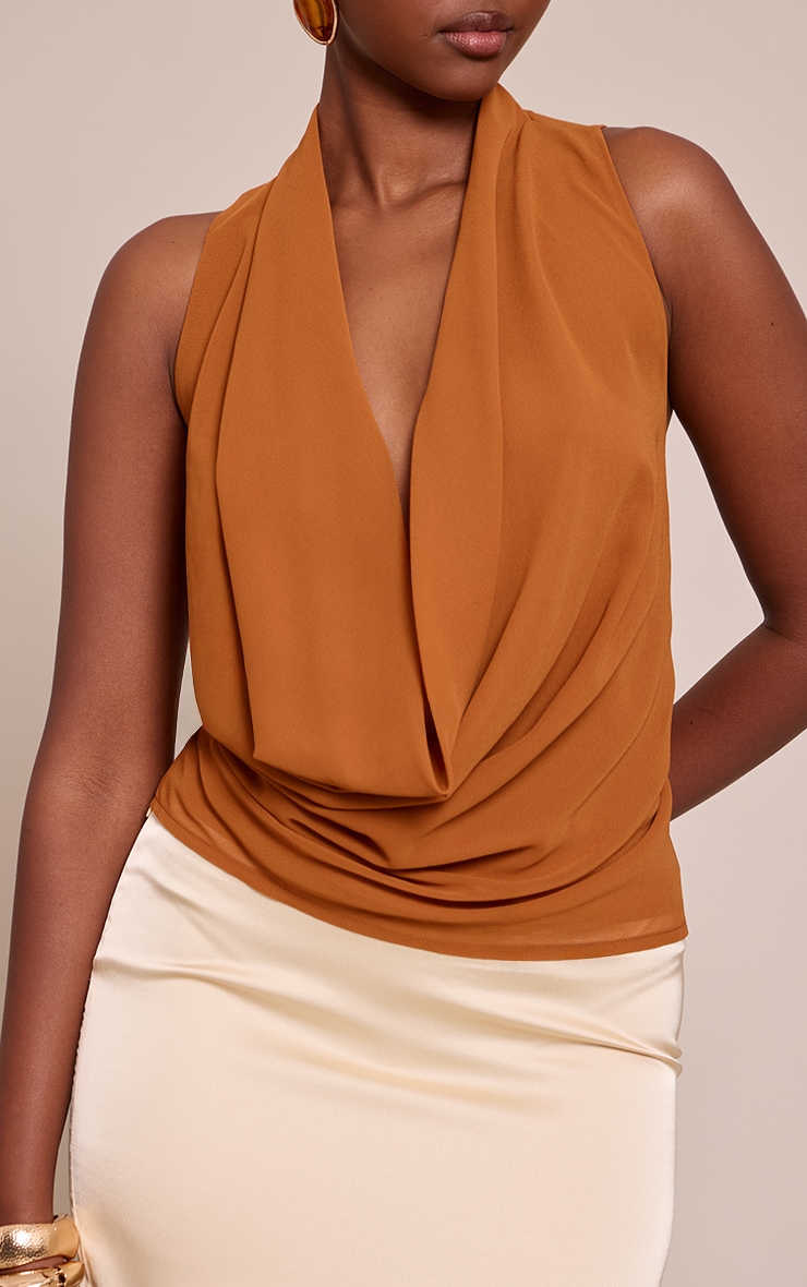 Tan Chiffon Extreme Cowl Neck Detail Long Top image 4