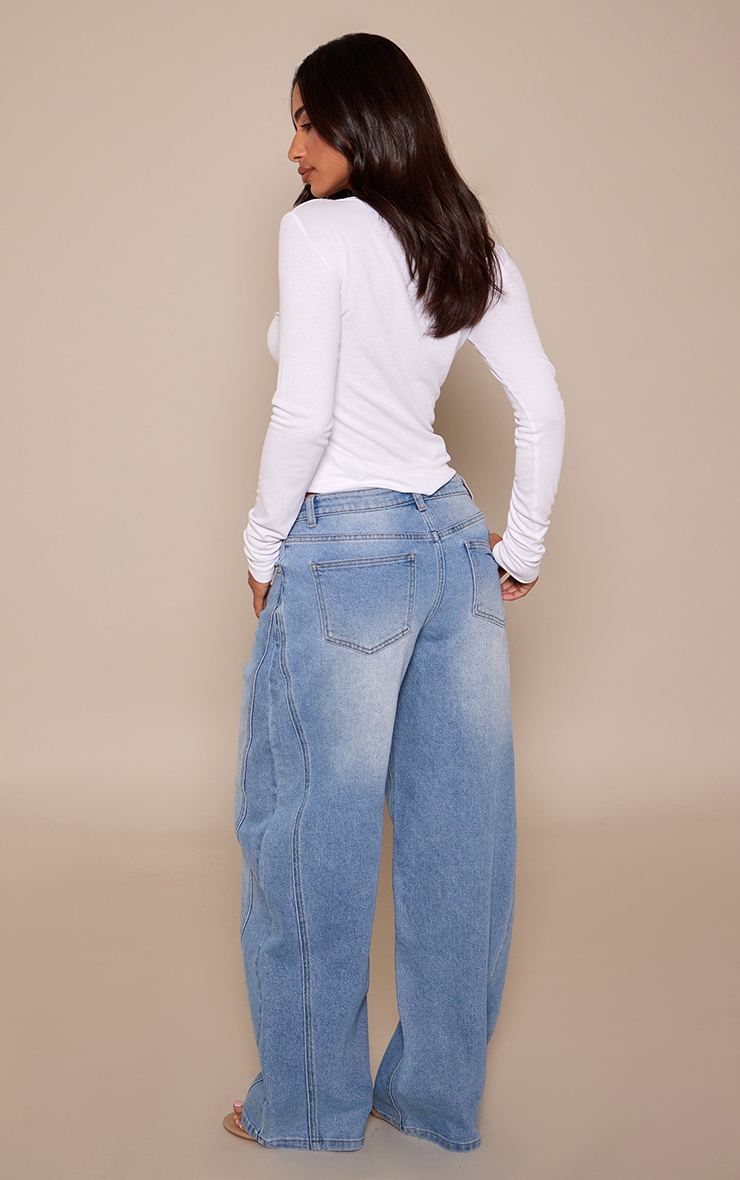 Petite Mid Blue Mid Rise Stretch Barrel Jeans image 3