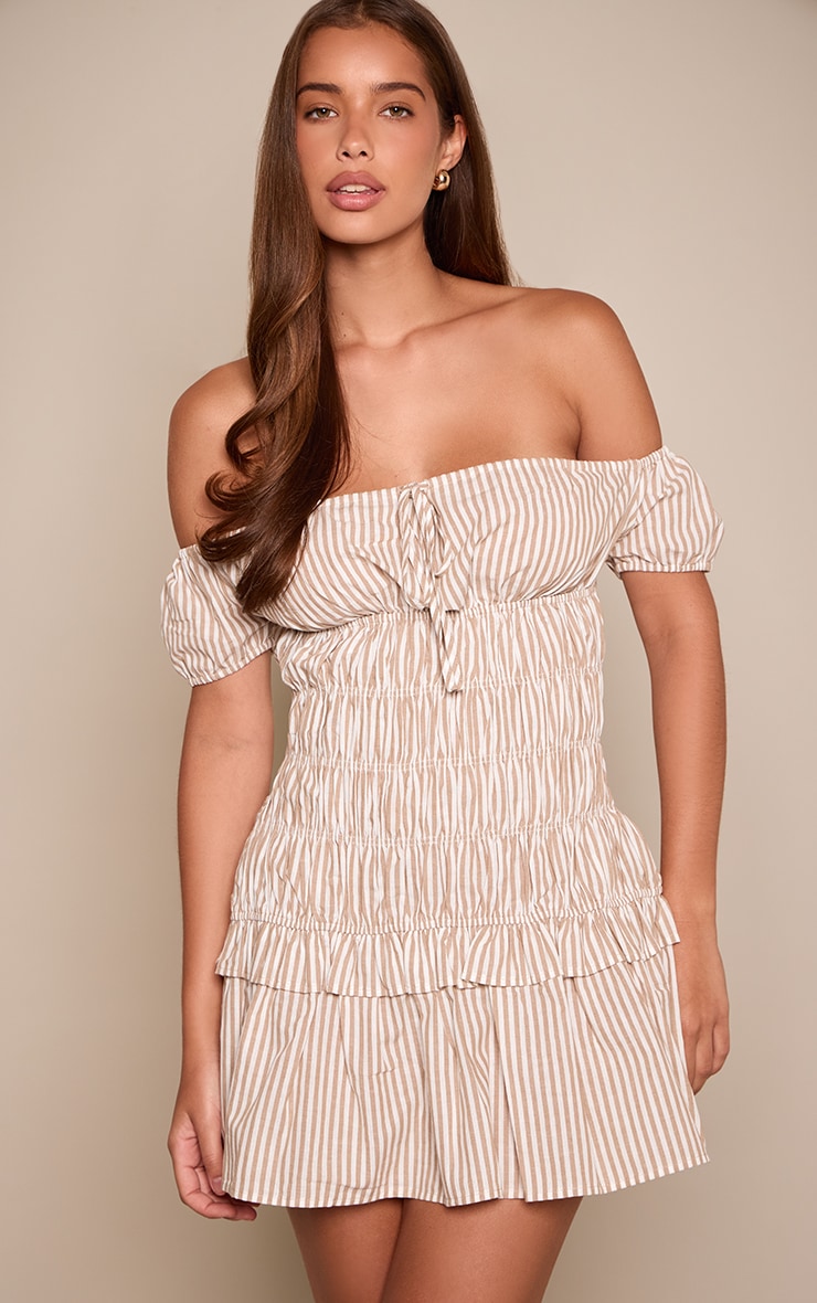Brown Pinstripe Bardot Ruched Shift Dress