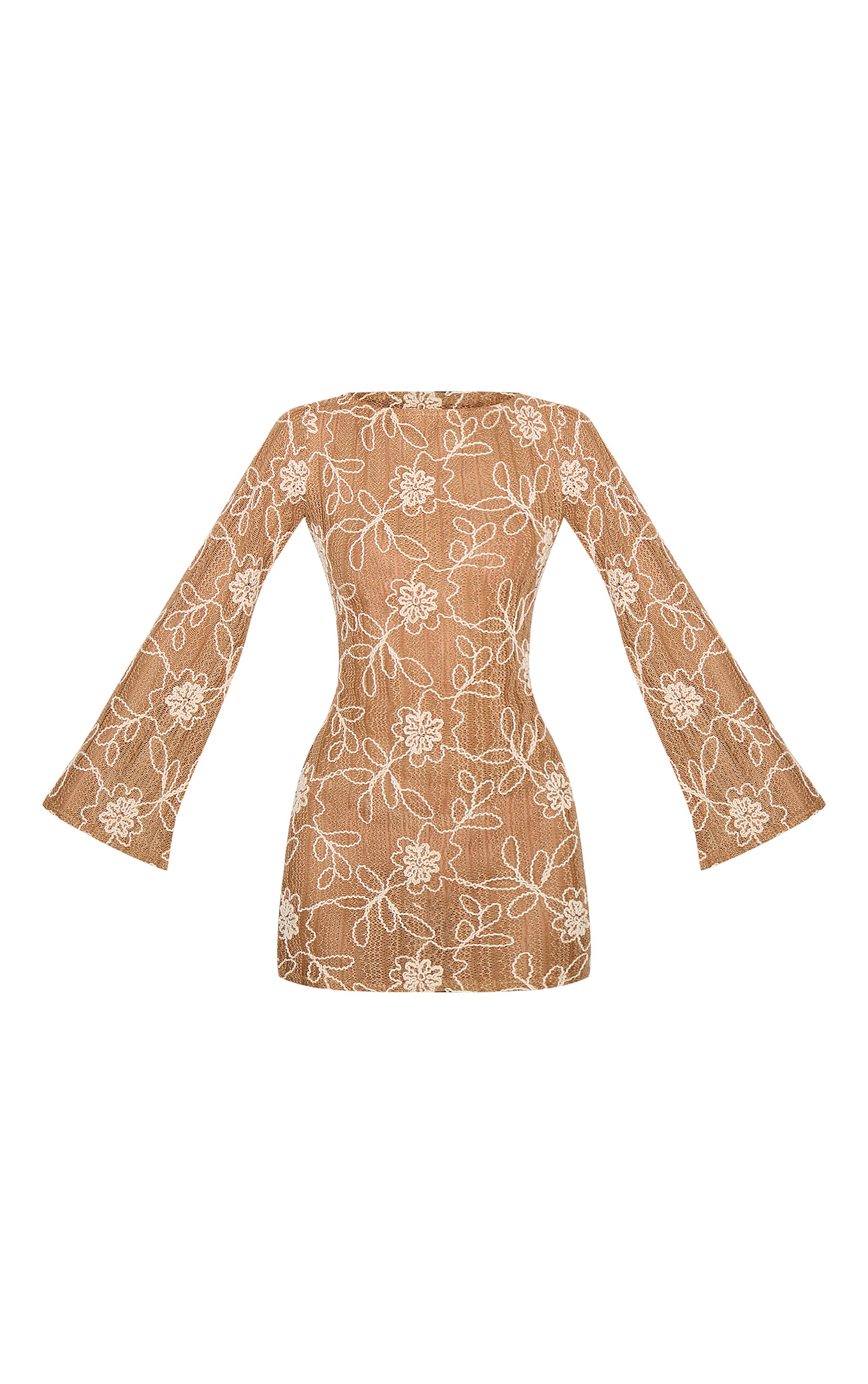 Tan Textured Floral Long Sleeve Shift Dress | Dresses