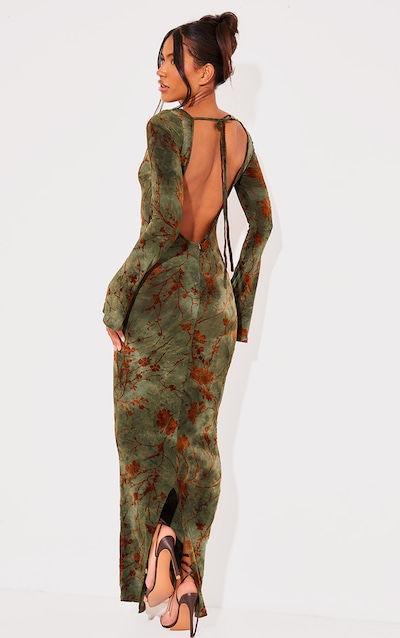 Green Floral Devore Long Sleeve Maxi Dress