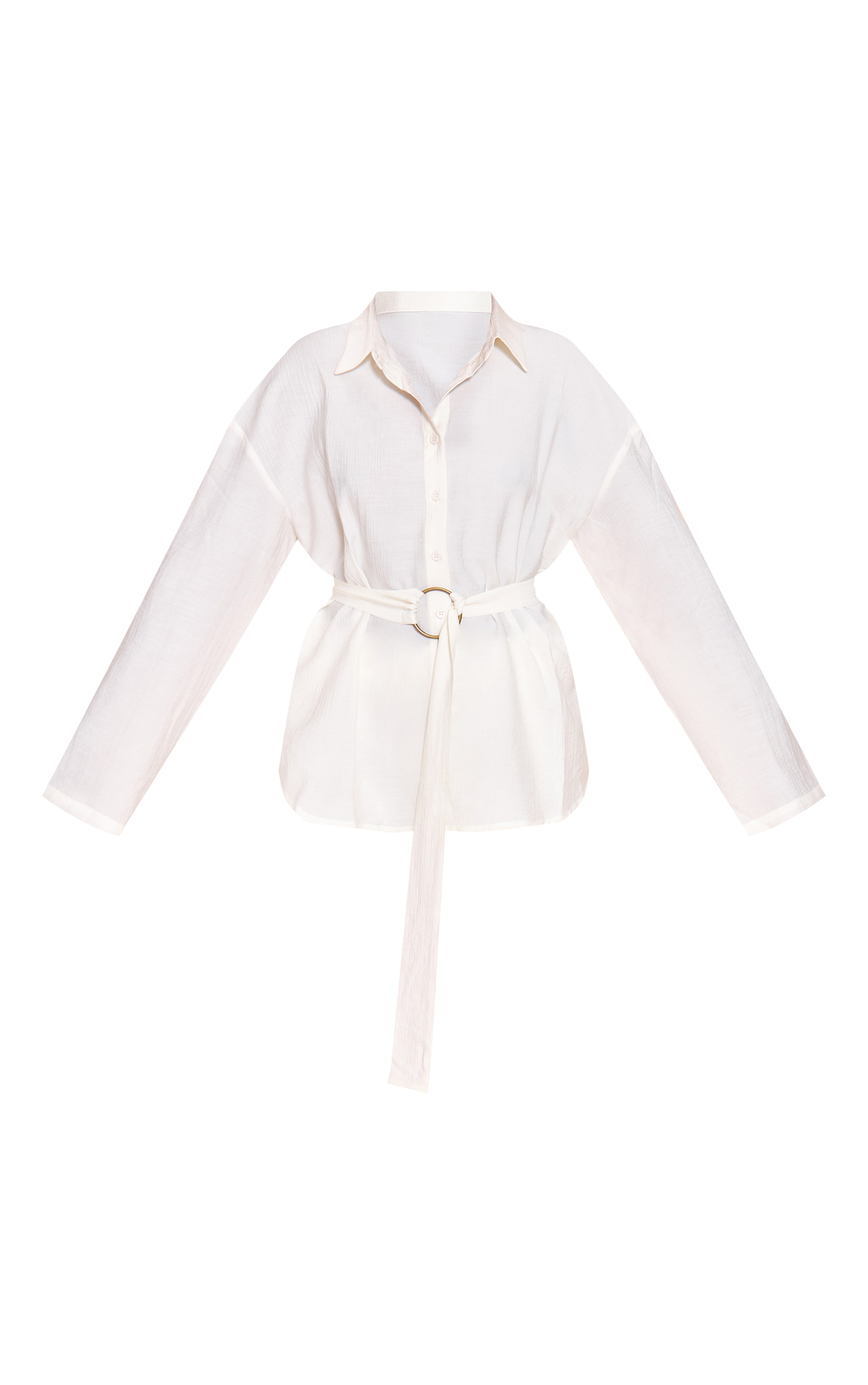 Cream Textured Belt Cinched Waist Shirt image 5