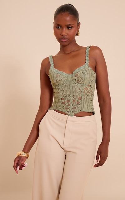 Corset en dentelle texturée vert sauge transparente fleurie à bretelles fines