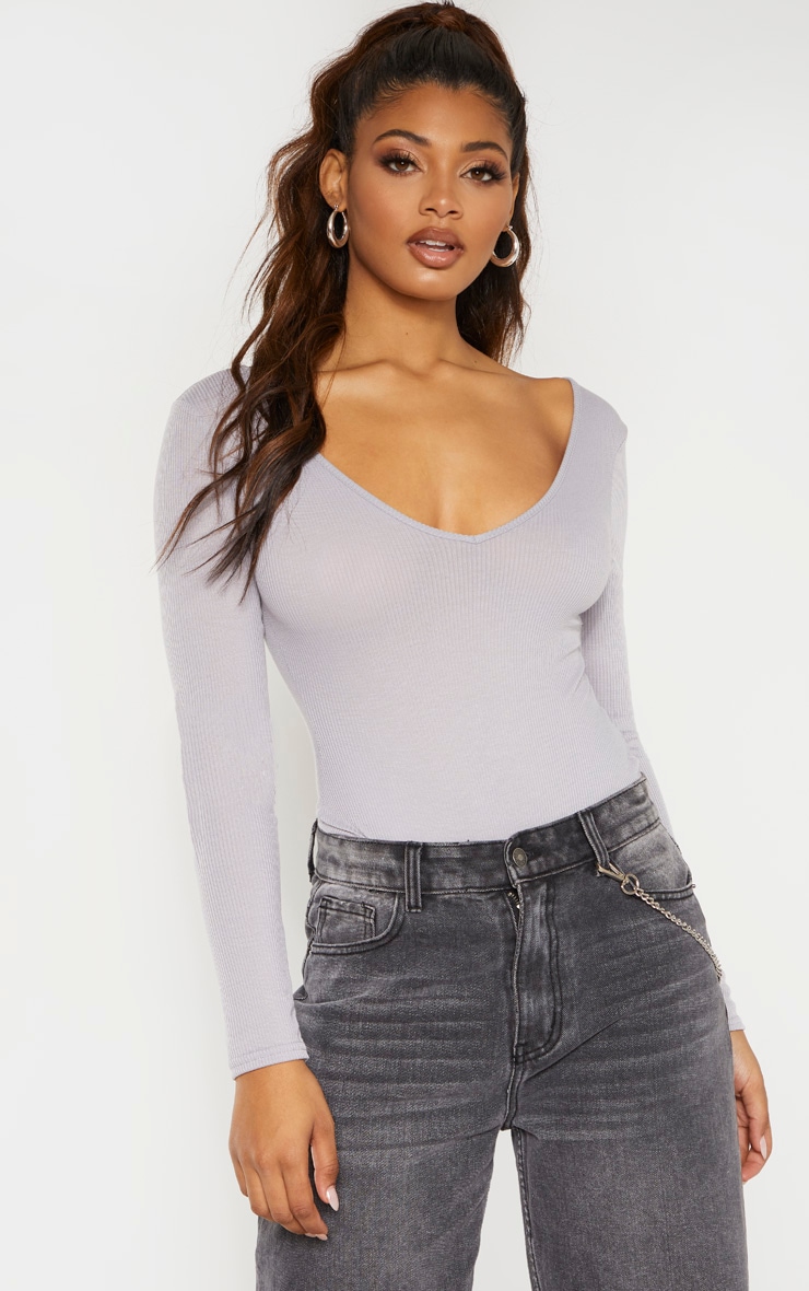 Tall Grey Ribbed Plunge Long Sleeve Bodysuit