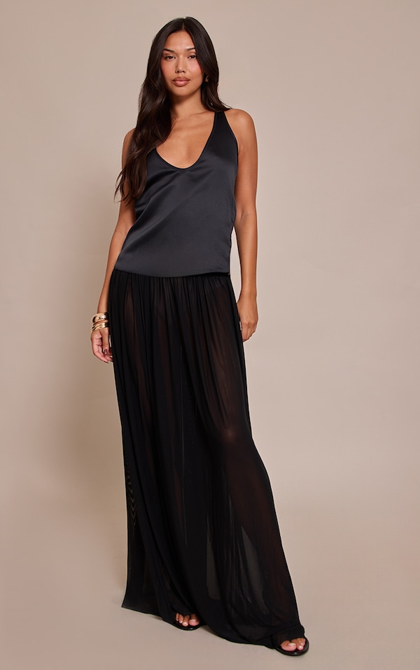 Black Mesh Drape Maxi Skirt