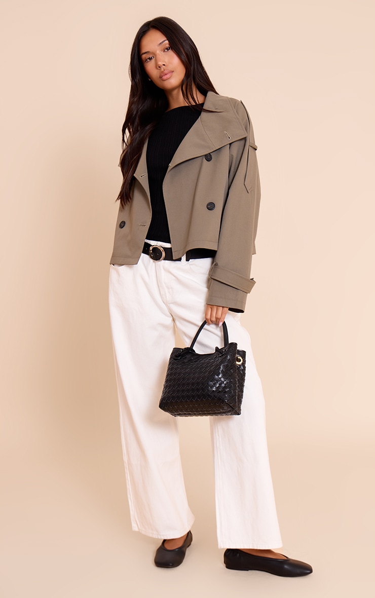 Olive Double Breasted Funnel Neck Cropped Trench Coat image 3