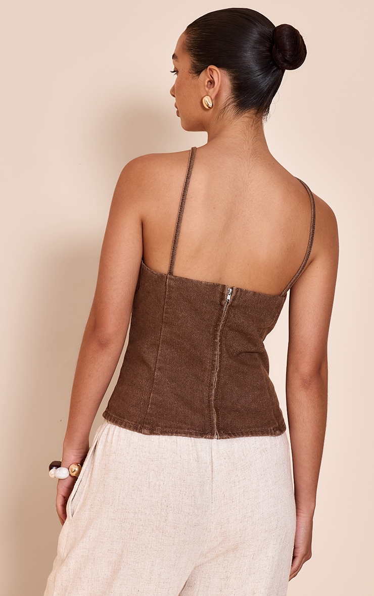 Washed Brown Halterneck Stretch Denim Top image 2