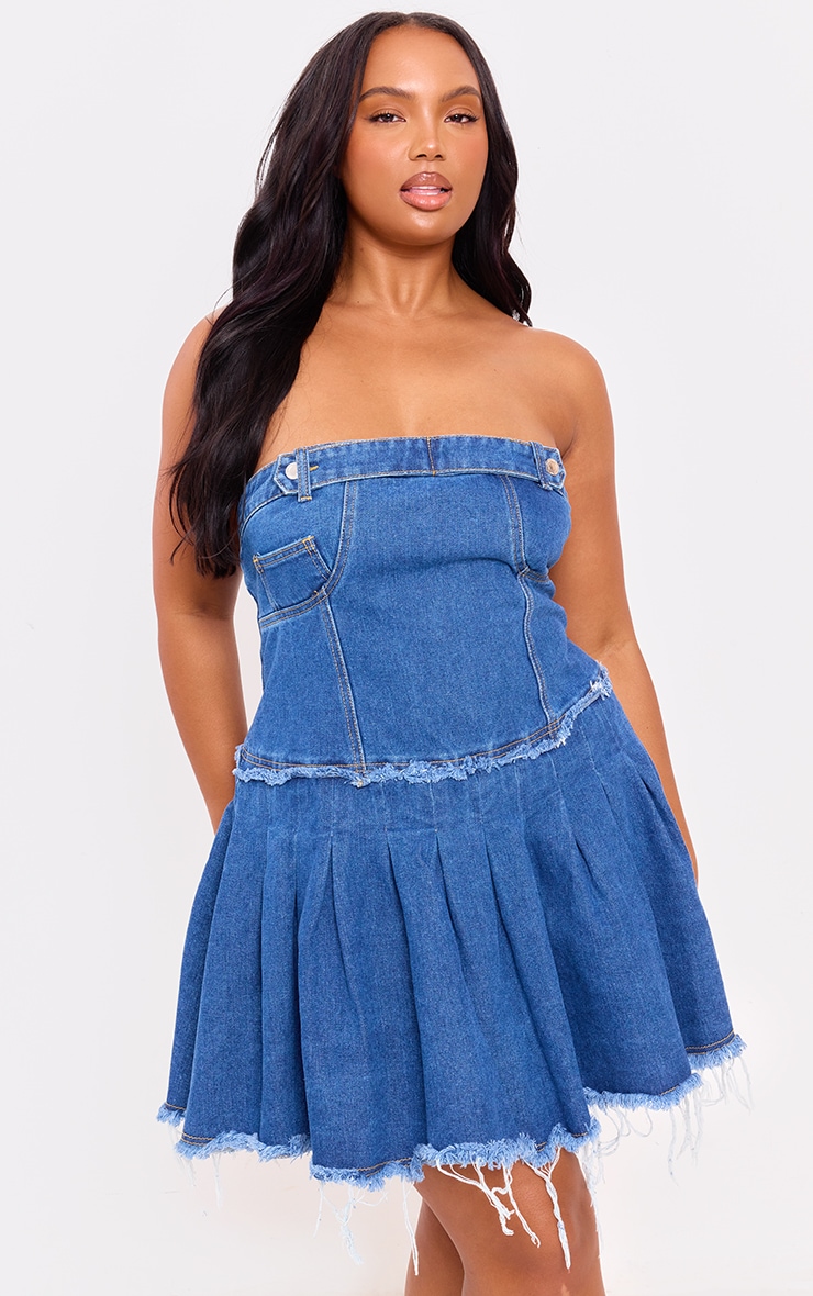 Plus Mid Blue Wash Raw Edge Pleated Bandeau Denim Mini Dress image 3