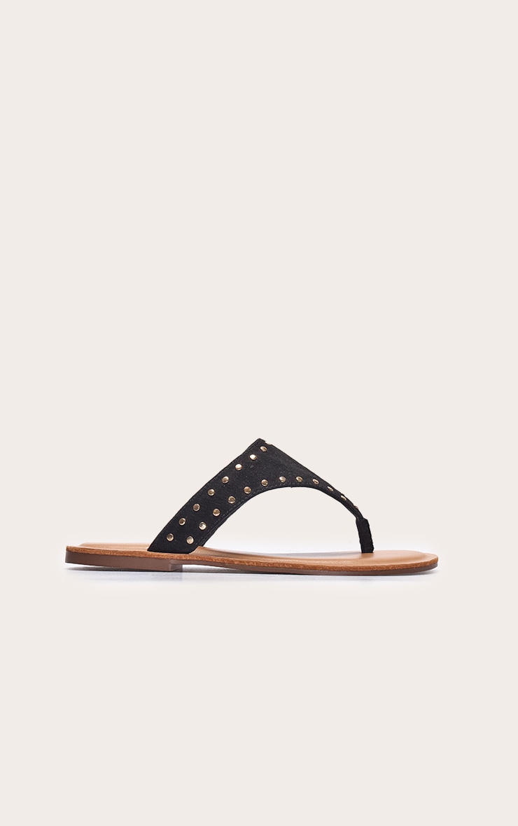 Black Faux Suede Stud Detail Toe Thong Flat Sandals image 1