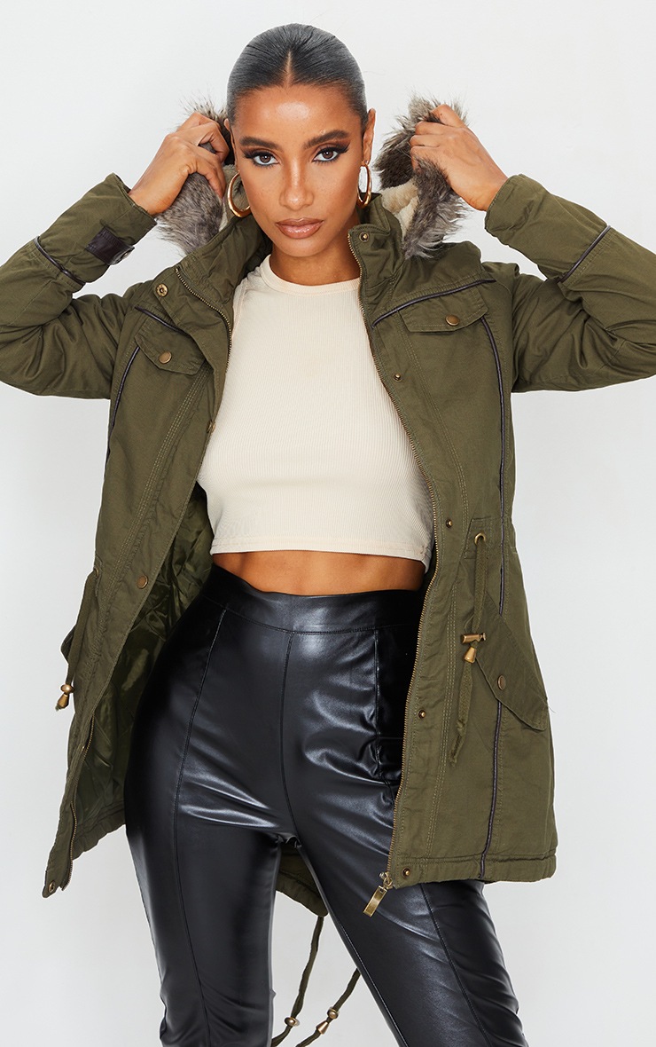 Khaki Faux Fur Hooded Twill Parka Coat