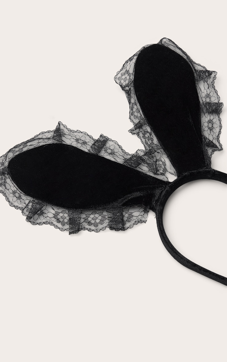 Black Velour Lace Trim Bunny Ear Headband image 3