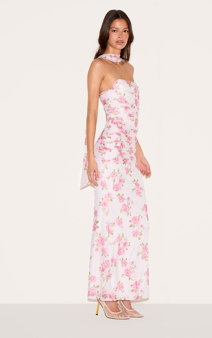 Pink Floral Scarf Detail Ruched Maxi Dress image 3