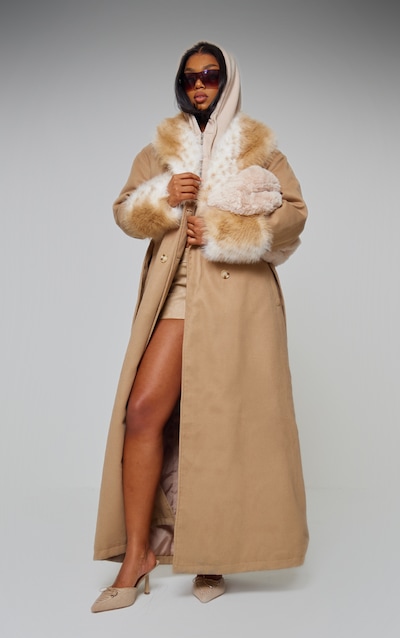 Mushroom Faux Fur Trim Contrast Wool Look Maxi Coat
