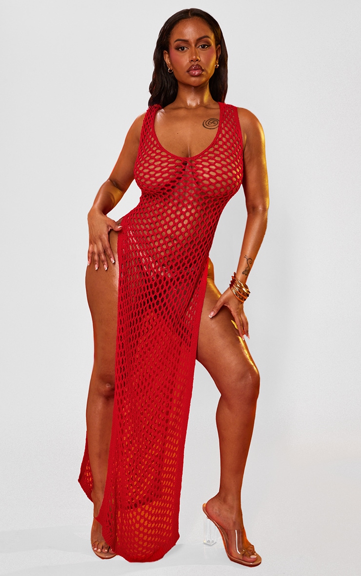 Shape Red Crochet Knit Split Side Maxi Dress image 3