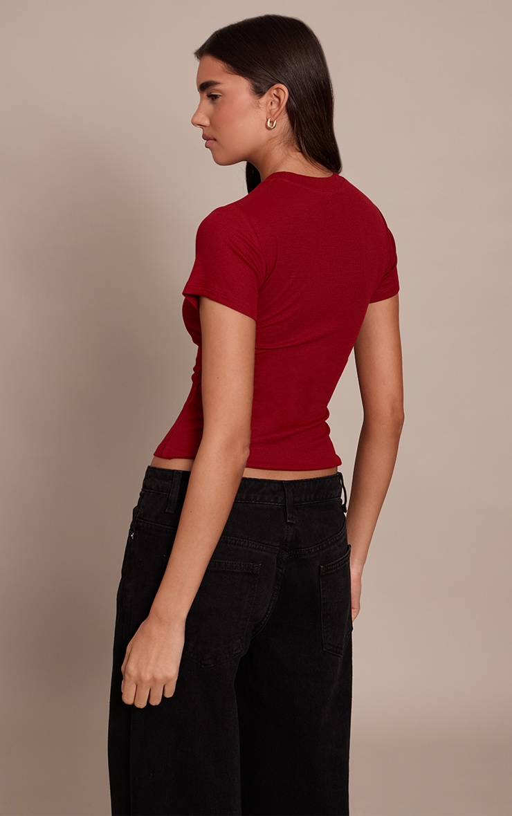 Deep Red Soft Rib Crew Neck Short Sleeve Top image 2