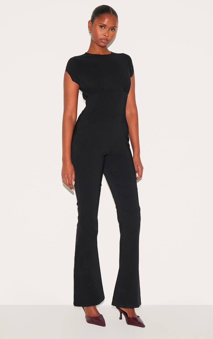 Black Stretch Woven Corset Detail Cap Sleeve Flared Jumpsuit image 3