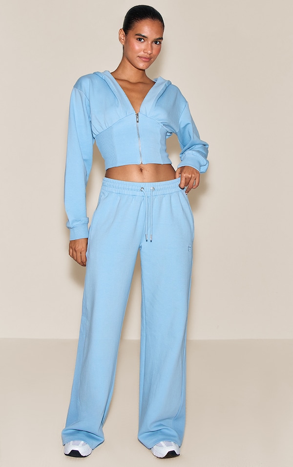 Baby Blue Embroidered Interlock Rib Panel Wide Leg Sweatpants