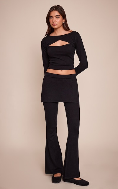 Black Layered Detail Fine Knit Wide Leg Pant