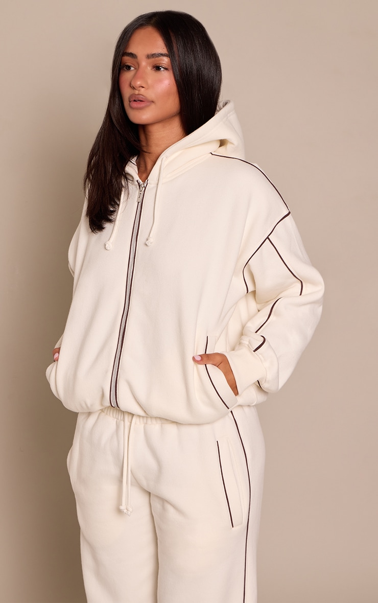 Petite Ecru Contrast Seam Drawcord Full Zip Hoodie