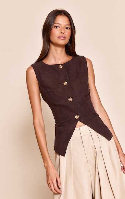 Gilet long en velours côtelé crème à col rond