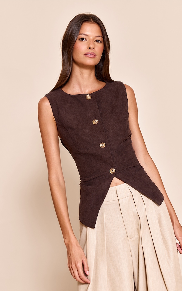 Gilet long en velours côtelé crème à col rond