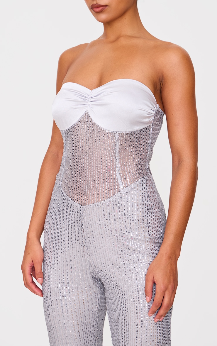 Silver Sequin Bandeau Sheer Panel Jumpsuit image 4