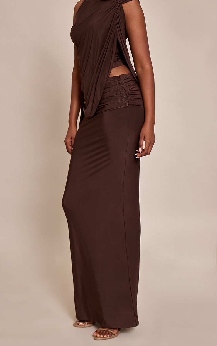 Chocolate Slinky Ruched Waist Maxi Skirt image 2