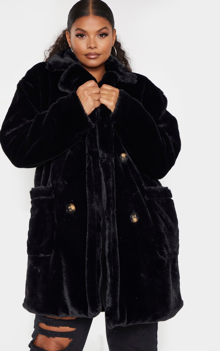 Plus Black Faux Fur Double Breasted Coat