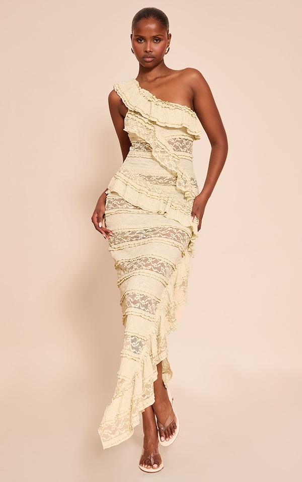 Sage Lace Frill Detail One Shoulder Maxi Dress