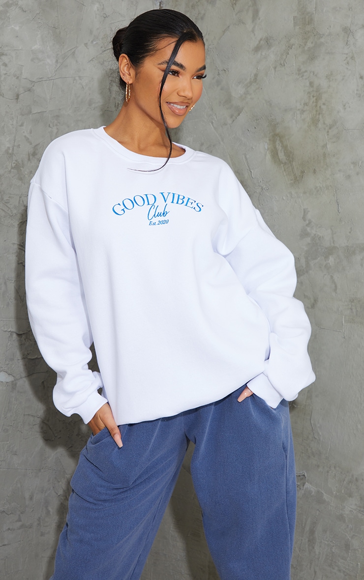 White Good Vibes Club Slogan Embroidered Sweatshirt