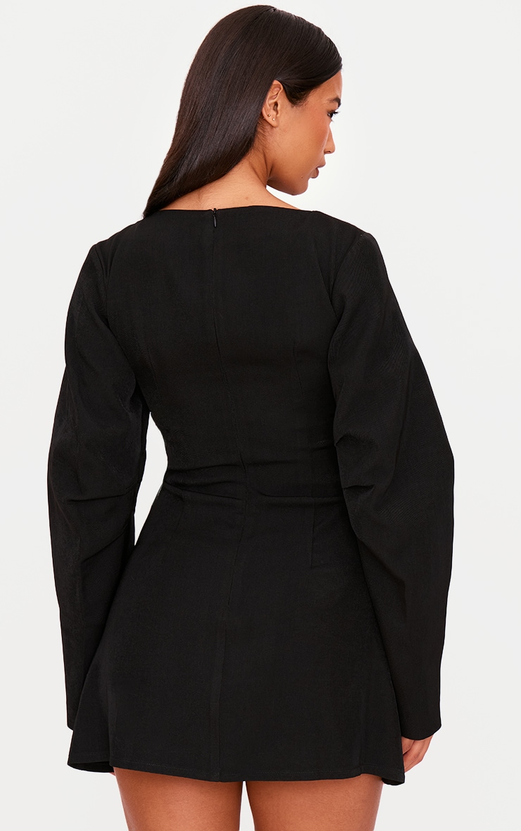 Black Woven Twist Detail Balloon Sleeve Dress - Image 2