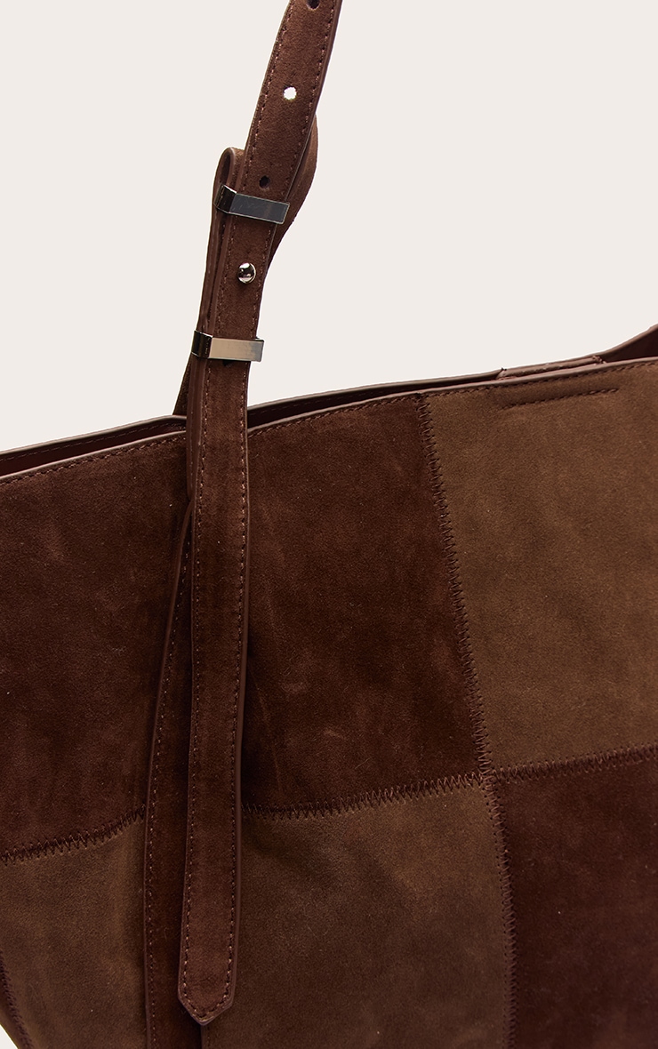 Chocolate Faux Suede Patchwork Adjustable Strap Tote Bag image 4