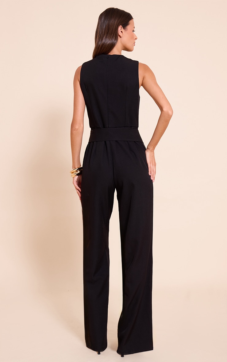 Black Woven Crew Neck Belt Wide Leg Jumpsuit image 2