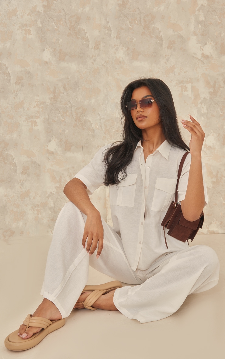 White Linen Look High Waisted Tailored Pants image 4