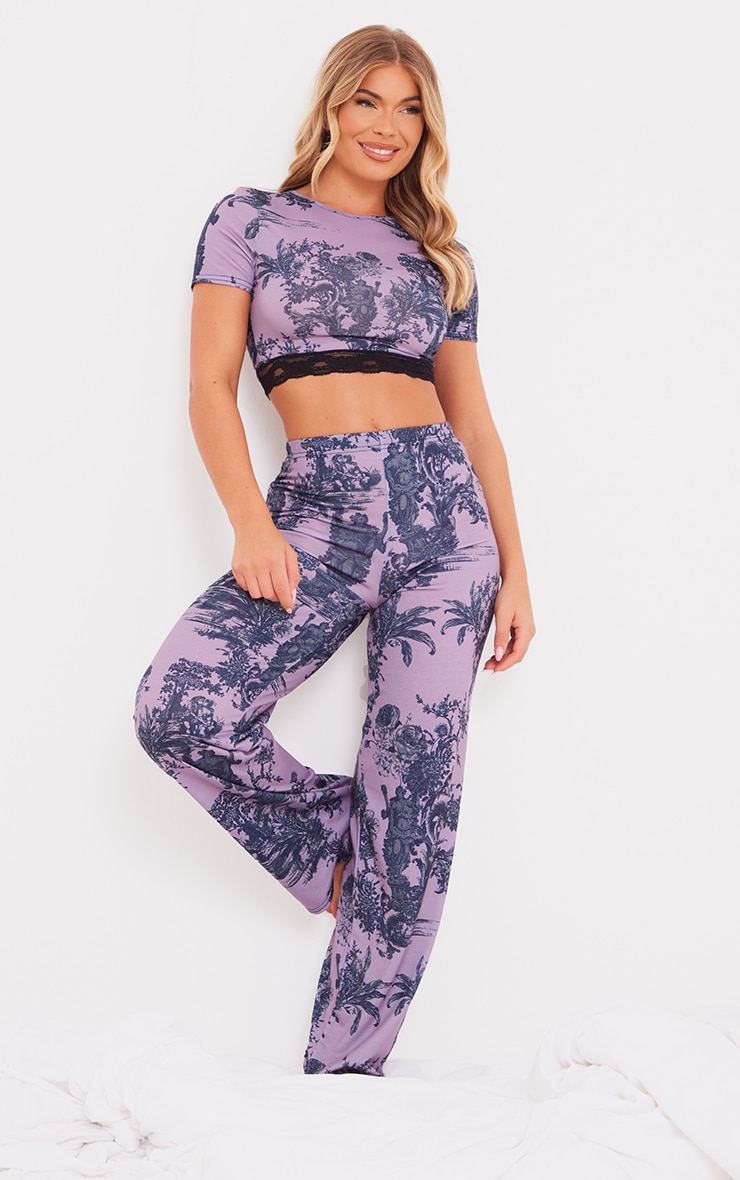  Purple Porcelain Print Jersey Lace Trim Long Pj Set image 1