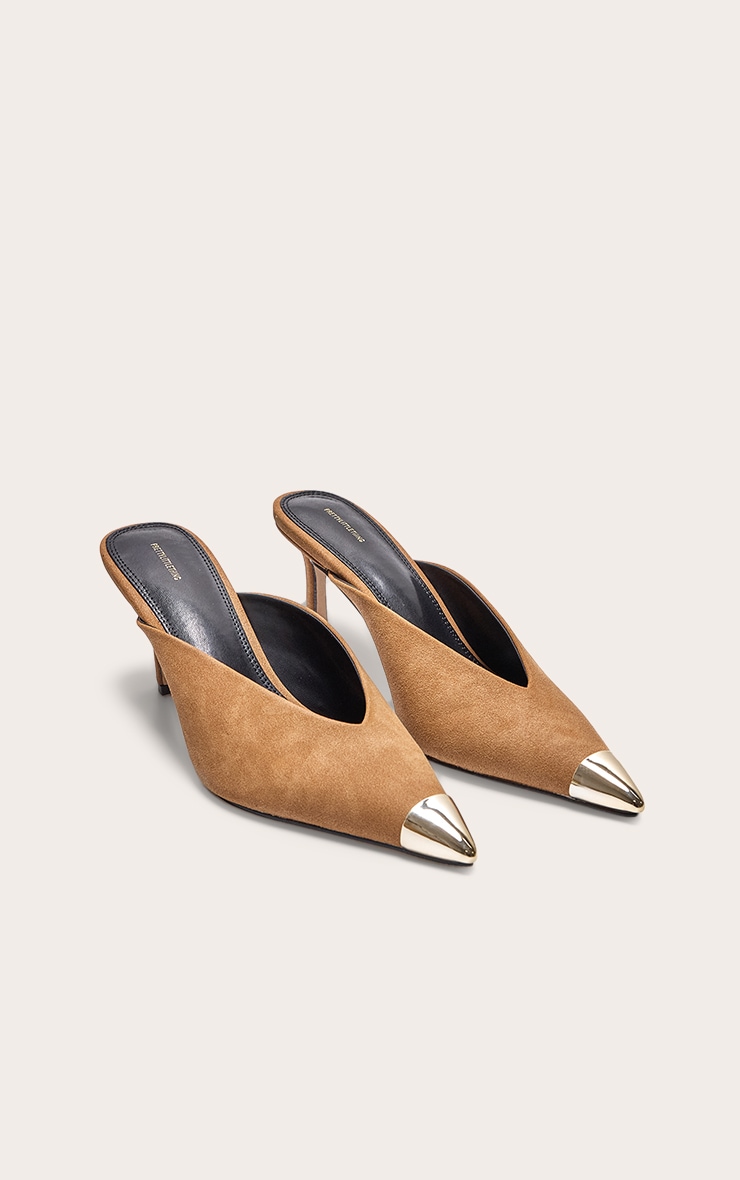 Mules pointues en suédine camel à talon et bout argenté image 2