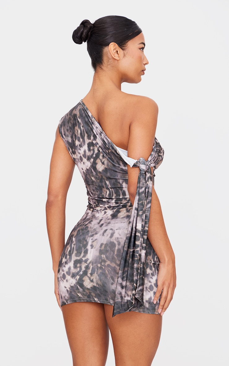 Leopard Slinky Asymmetric Tie Shoulder Mini Dress image 2