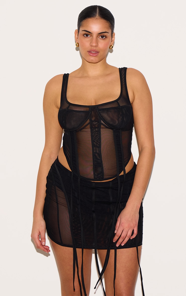 Plus Black Mesh Panelled Boned Corset image 1