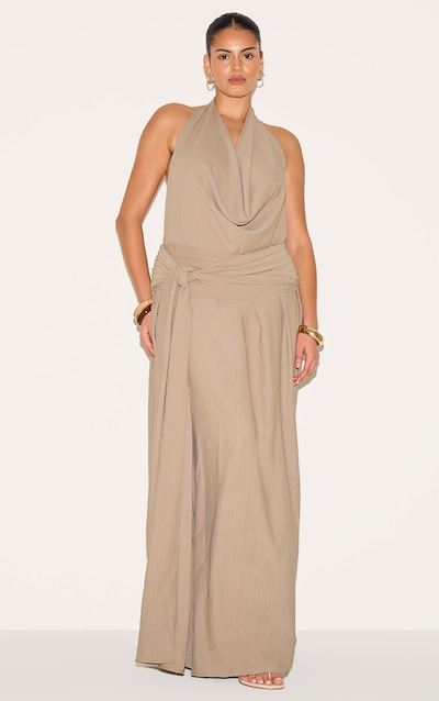 Plus Robe longue fluide tissée gris champignon à col bénitier et dos échancré