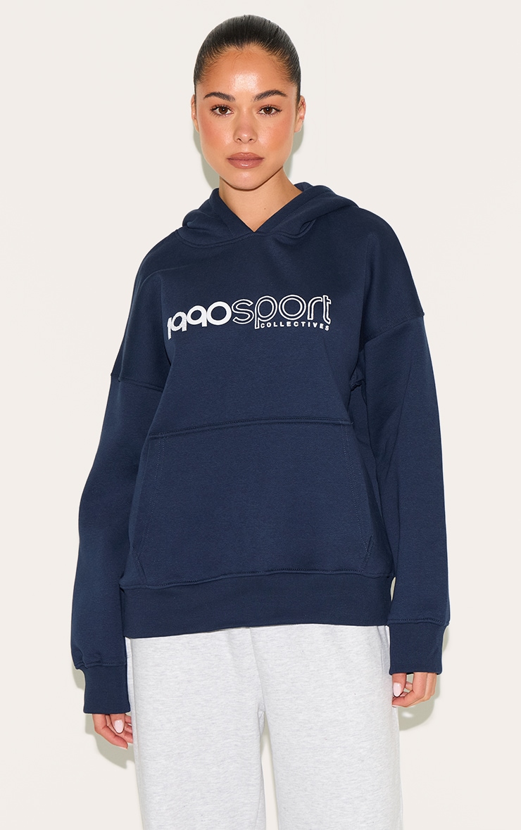 Navy Sports Puff Print Oversize Hoodie image 1
