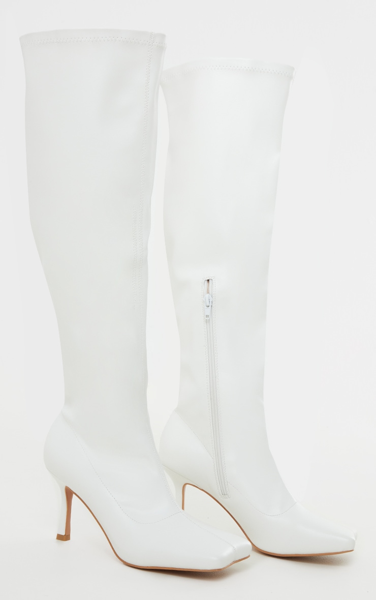 White Extreme Low Heeled Sock Knee High Boots PrettyLittleThing USA