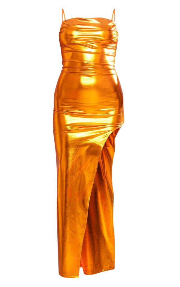Bronze Skinny Strap Thigh Spilt Metallic Dress PrettyLittleThing AUS