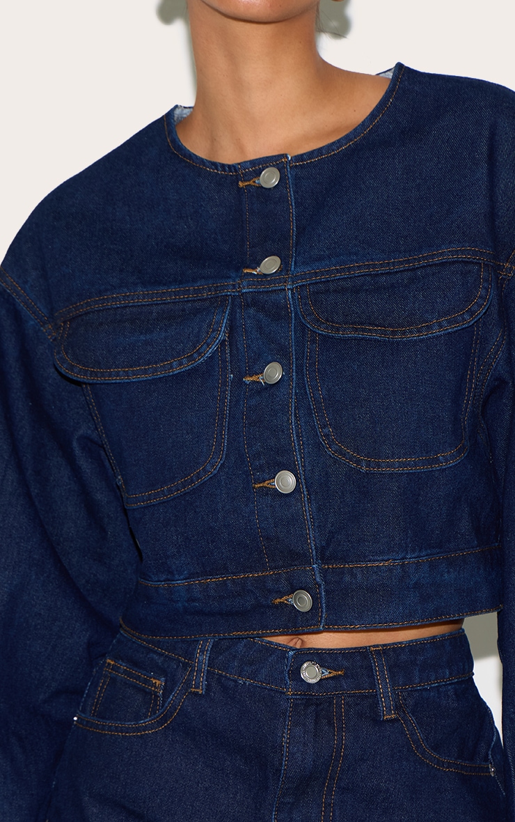 Veste courte en jean indigo à col rond image 4